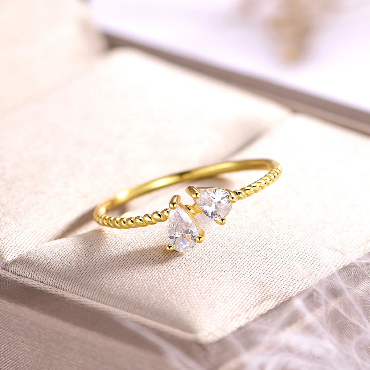 Pear Moissanite Toi et Moi Ring Twisted Band, 18K Gold Vermeil