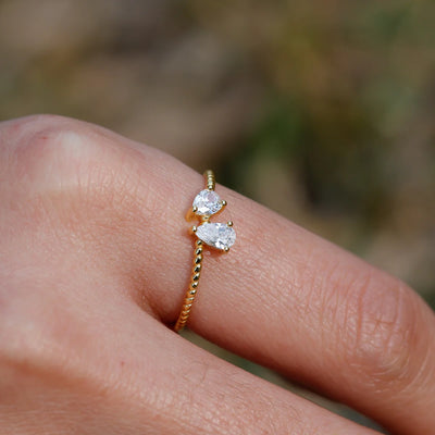 Pear Moissanite Toi et Moi Ring Twisted Band, 18K Gold Vermeil