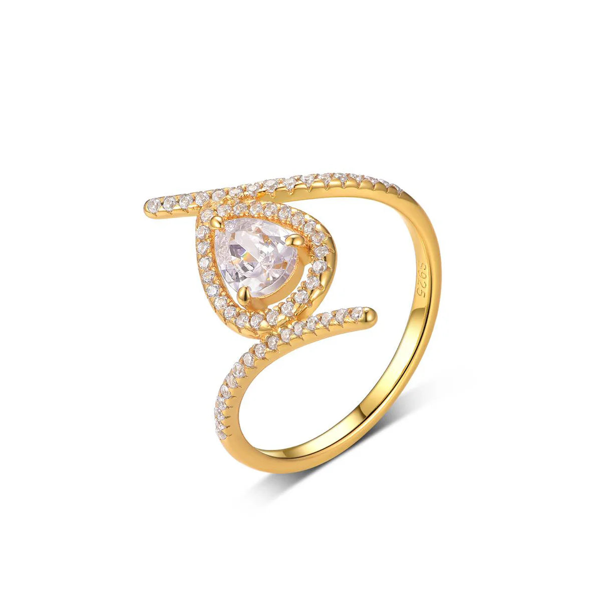 Bague Halo Moissanite Poire Zircones Cubiques Or Jaune 18K