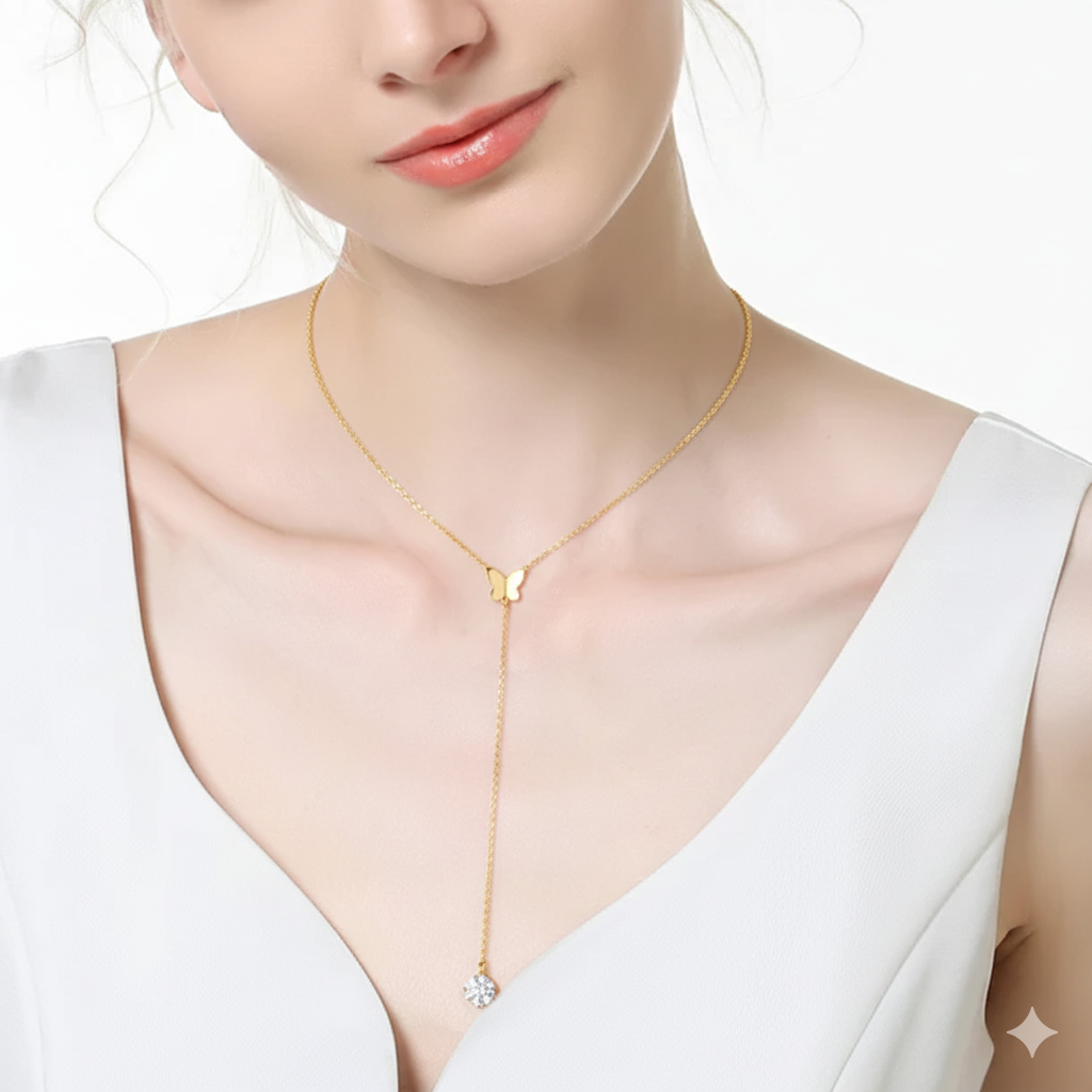 Collier Papillon en Y en Or Vermeil 18K avec Moissanite
