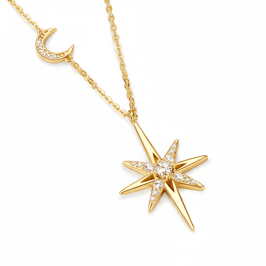 Collier Étoile & Lune en Or Vermeil 18K avec moissanite