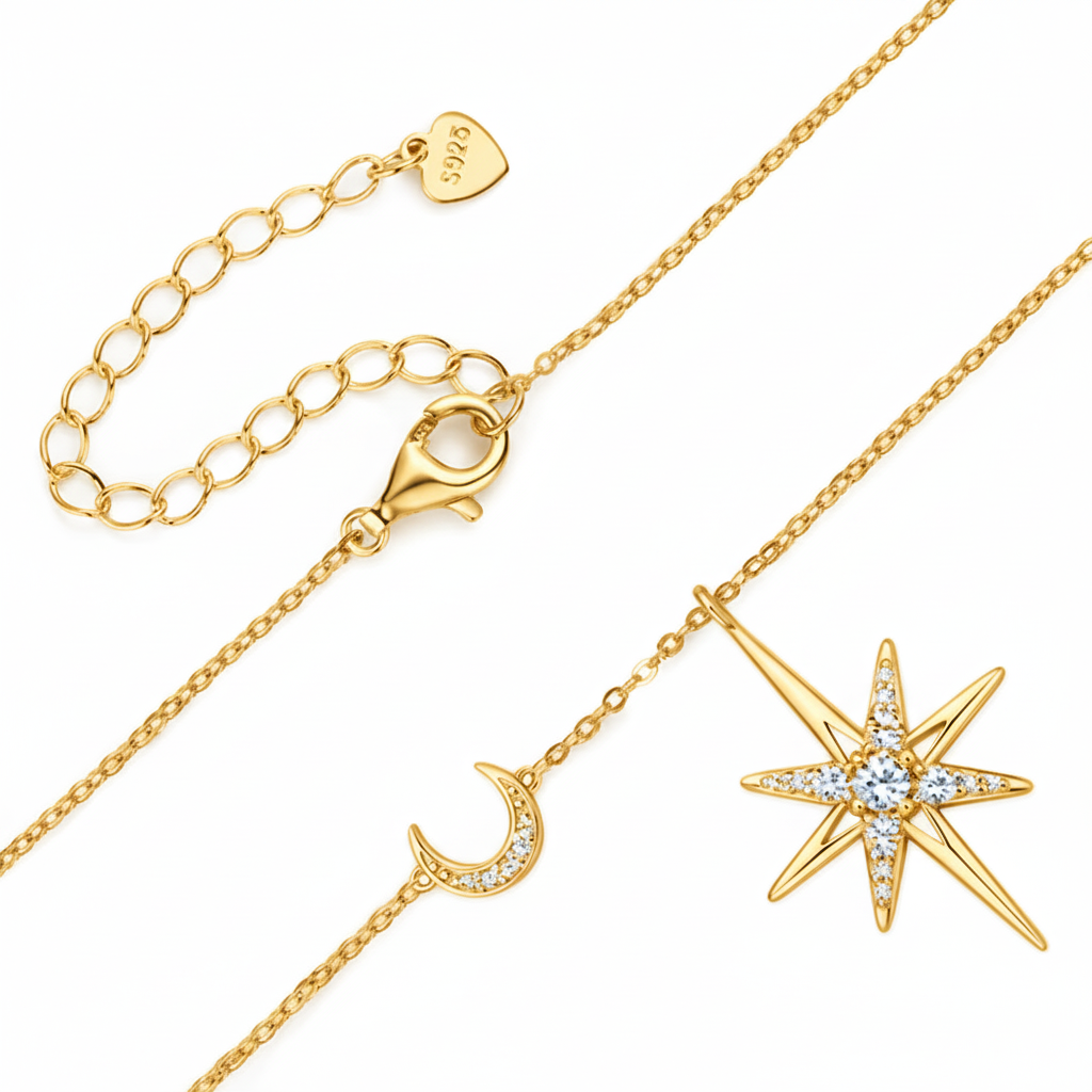 Collier Étoile & Lune en Or Vermeil 18K avec moissanite