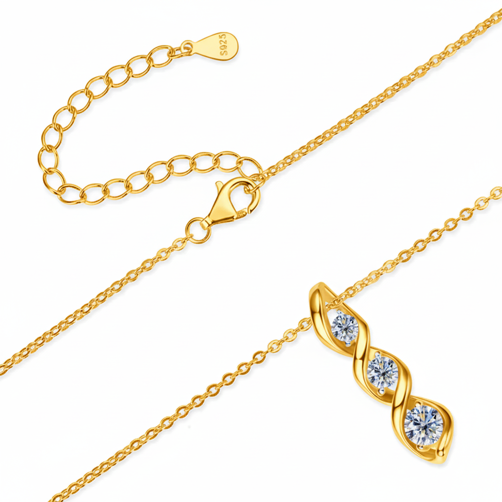 Collier Trois Pierres Hélice en Or Vermeil 18K avec Moissanite